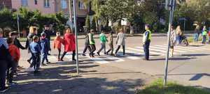 na zdjęciu znajduje się grupa dzieci przechodząca przez przejście dla pieszych na którym stoi policjant