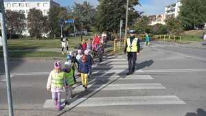 na zdjęciu znajduje się grupa dzieci przechodząca przez przejście dla pieszych obok których idzie policjant