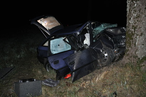 na zdjęciu znajduje się samochód wgnieciony w drzewo